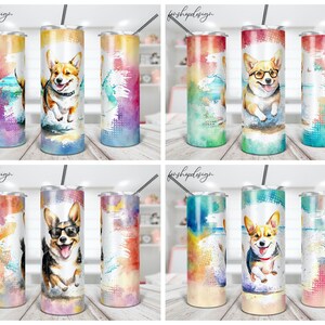 Corgis Hund Becher, 20 Oz Skinny Becher, Aquarell Hintergrund, Geschenk für sie, Sublimationsgrafik, digitaler Download, Full Wrap, Png Design