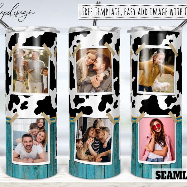 Cow Wood Print Farm Animals Photo Frame 20oz Skinny Tapered & Straight Tumbler Sublimation, Waterslide Digital Design Full Tumbler Wrap Png