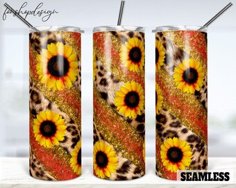 Zonnebloemen Leopard Print Glitter Gold Naadloze 20oz Skinny Taps toelopende en rechte Tumbler Sublimatie, Waterslide Design Full Tumbler Wrap Png