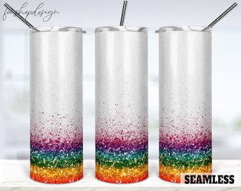 Glitter Confetti Rainbow Naadloze 20oz Skinny Taps toelopende en rechte Tumbler Sublimatie, Waterslide Digital Design Full Tumbler Wrap Download