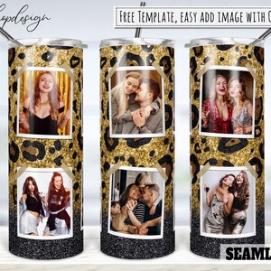 Black Glitter Leopard Photo Frame 20oz Skinny Tapered & Straight Tumbler Sublimation, Waterslide Digital Design Full Tumbler Wrap Download