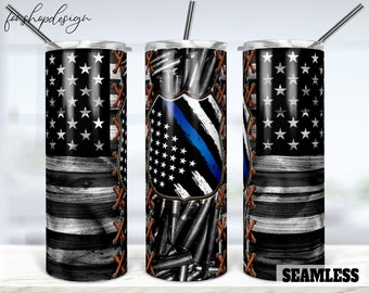 American Flag Matte, Thin Blue Line Seamless Tumbler, 20 Oz Tumbler, Skinny Tumbler, Sublimation Graphics, Digital Download, Full Wrap Png
