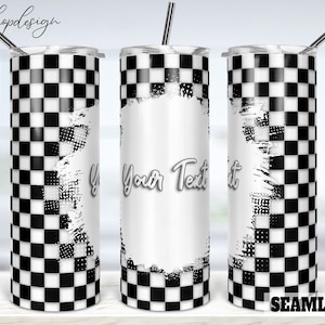 May include: A set of three stainless steel tumblers with a black and white checkered pattern and a white space for text. The tumblers are seamless and have a brushed finish.