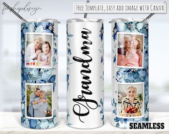 Flower Grandma Picture Photo Frame Tumbler, 20 Oz Tumbler, Skinny Tumbler, Sublimation Graphics, Digital Download, Wrap Png Design