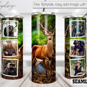 Vaso de caza de ciervos, marco de fotos, vaso flaco de 20 oz, regalo del día del padre, gráficos de sublimación, descarga digital, diseño Wrap Png