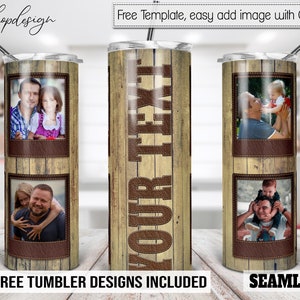 Fügen Sie Ihren Text hinzu, Bilderrahmen, 20 Unzen Becher, Holz Leder, Skinny Becher, Sublimationsgrafik, digitaler Download, Wrap Png Design