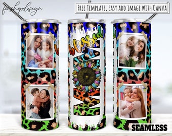 Blessed Mom Leopard Sunflower Photo Frame 20oz Skinny Tapered & Straight Tumbler Sublimation Waterslide Digital Design Full Tumbler Wrap Png
