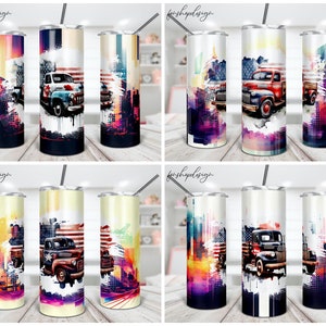 Vintage Truck With American Flag Tumbler, 20 Oz Skinny Tumbler, Gift For Her, Sublimation Graphics, Digital Download, Full Wrap, Png Design