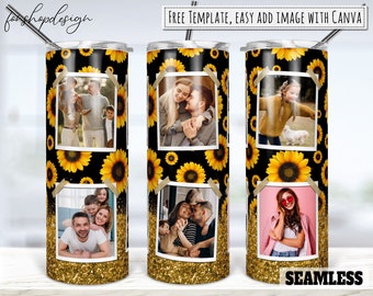 Black Sunflower Glitter Photo Frame 20oz Skinny Tapered & Straight Tumbler Sublimation, Waterslide Digital Design Full Tumbler Wrap Download