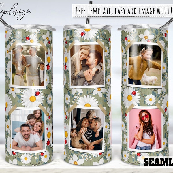 Ladybug Daisies Photo Frame 20oz Skinny Tapered Straight Tumbler Sublimation, Waterslide Digital Design Full Tumbler Wrap Digitals Download