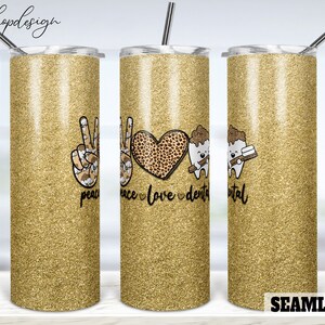 Peace Love Dental Seamless 20oz Skinny Tapered & Straight Tumbler Sublimation, Waterslide Digital Design Full Tumbler Wrap Digital Download