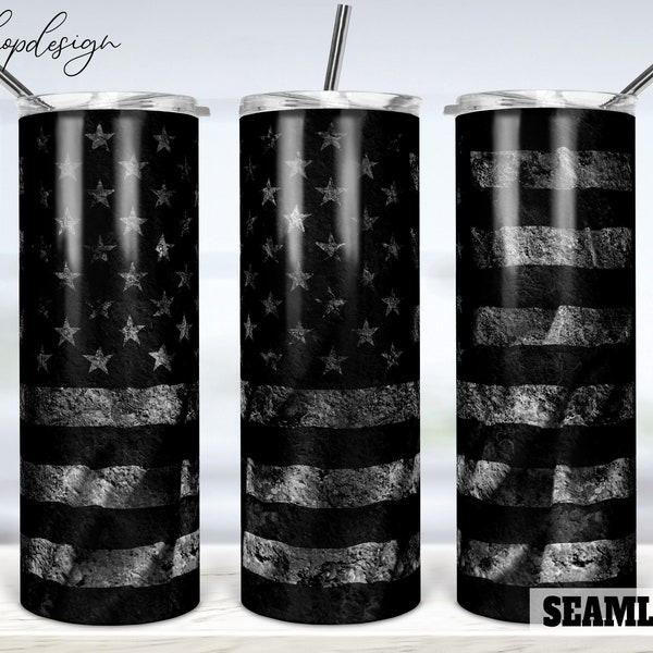 Matte Black American Flag Seamless 20oz Skinny Tapered & Straight Tumbler Sublimation, Waterslide Digital Design Full Tumbler Wrap Download