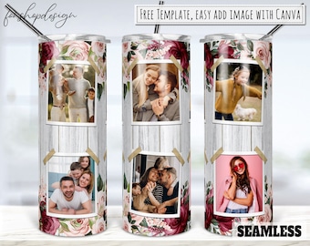 Floral Rose Photo Frame 20oz Skinny Tapered & Straight Tumbler Sublimation Waterslide Digital Design Full Tumbler Wrap Png Digitals Download
