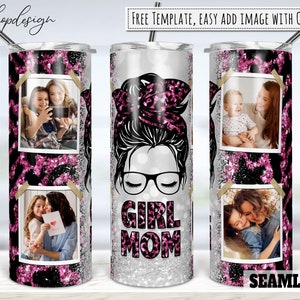 Girl Mom Leopard Glitter Photo Frame Vaso, Vaso de 20 Oz, Vaso Flaco, Cónico y Recto, Gráficos de Sublimación, Descarga Digital Png
