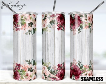 Floral Rose Naadloze 20oz Skinny Taps toelopende en rechte Tumbler Sublimatie, Waterslide Digital Design Full Tumbler Wrap Png Digitals Download