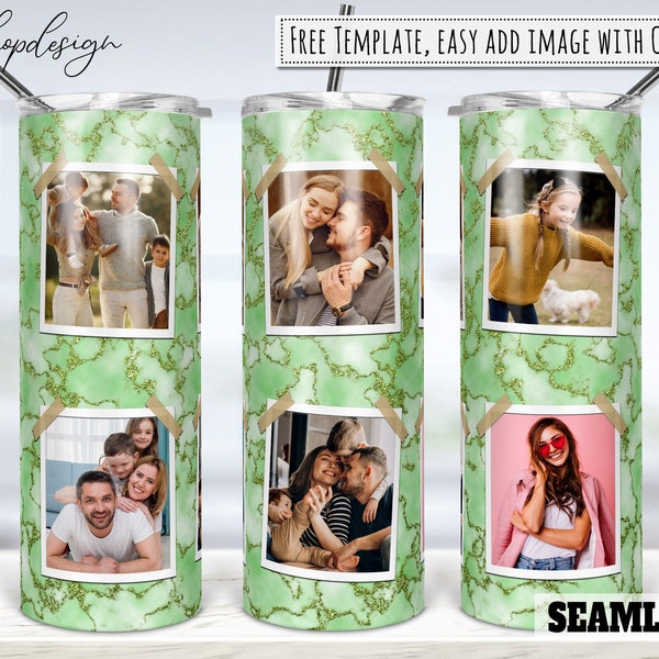 Green Marble Glitter Photo Frame 20oz Skinny Tapered And Straight Tumbler Sublimation, Waterslide Digital Design Full Tumbler Wrap