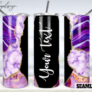 Purple Agate Marble Gold Glitter Sunflowers Seamless 20oz Skinny Tapered & Straight Tumbler Sublimation, Waterslide Design Full Tumbler Wrap