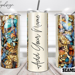 Butterfly Tumbler, 20oz Skinny Tumbler, Butterflies Watercolor, Add Your Name, Sublimation Graphics, Digital Download, Full Wrap, Png Design