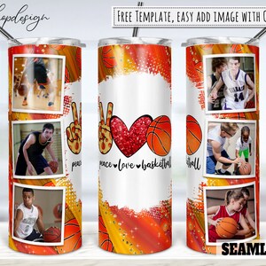 6 zdjęć, Peace Love Basketball, ramka na zdjęcia Tumbler, 20 Oz Tumbler, chudy Tumbler, grafika sublimacyjna, pobieranie cyfrowe, projekt Wrap Png