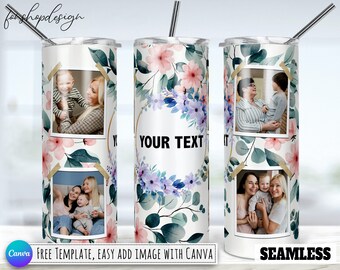 Bicchiere con cornice per foto con fiori ad acquerello, bicchiere da 20 Oz, bicchiere magro, grafica a sublimazione, download digitale, avvolgimento completo, design Png