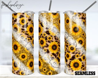 Sunflowers Leopard Gold Glitter Seamless 20oz Skinny Tapered & Straight Tumbler Sublimation, Waterslide Digital Design Tumbler Wrap Download