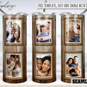 Rustic Wood Grain Tumbler, 6 Photo Picture Frame, 20 Oz Sublimation, Skinny Tumbler, Tapered & Straight, Digital Download, Wrap Png Design