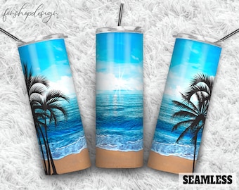 Ocean Palm Trees Seamless 20oz Skinny Tapered & Straight Tumbler Sublimation, Waterslide Digital Design Full Tumbler Wrap Digitals Download