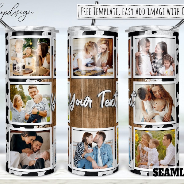 8 Picture Photo Frame, Cowhide Western Tumbler, 20 Oz Tumbler, Skinny Tumbler, Sublimation Graphics, Add Your Own Text, Full Wrap,Png Design