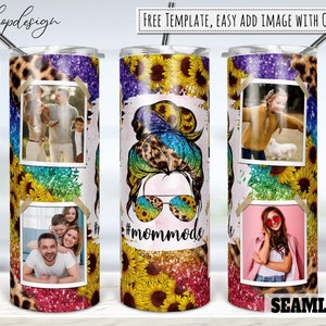 Mom Mode Rainbow Glitter Leopard Sunflower Photo Frame 20oz Skinny Tapered Straight Tumbler Sublimation Waterslide Design Full Tumbler Wrap
