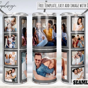May include: A white tumbler with a woodgrain pattern and multiple photo frames with family photos. The text "FREE TEMPLATE, EASY ADD IMAGE WITH CANVA" is at the top of the tumbler. The text "SEAMLESS" is at the bottom of the tumbler.