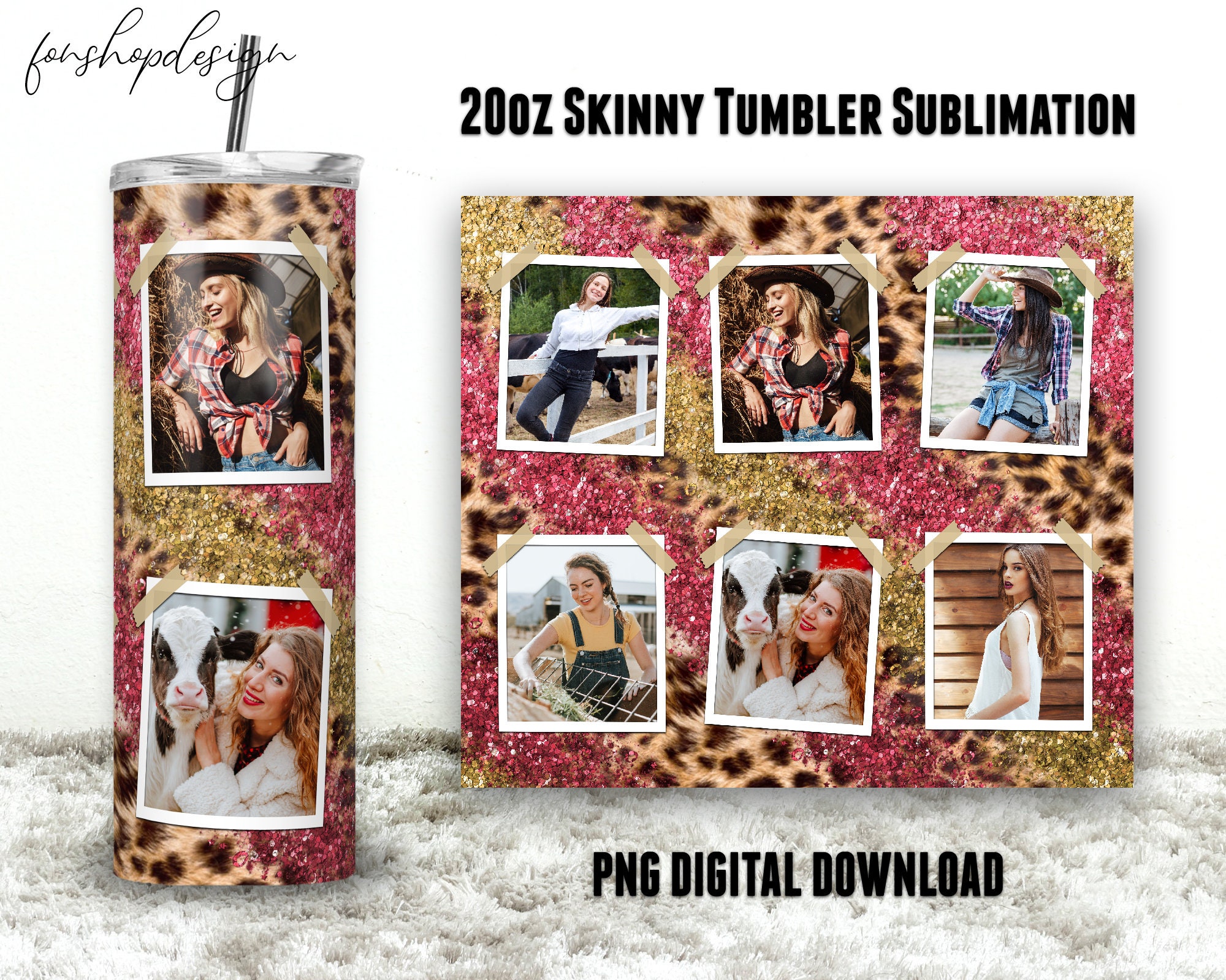 Pink Gold Glitter Leopard Photo Frame 20oz Skinny Tapered & Straight ...
