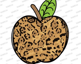 Pode incluir: Uma maçã marrom com um design de estampa de leopardo e uma folha verde no topo.