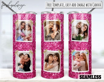 Pink Glitter Photo Frame 20oz Skinny Tapered And Straight Tumbler Sublimation, Waterslide Digital Design Full Tumbler Wrap Digital Download