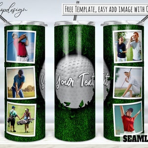 May include: A green and white tumbler with a golf ball design and the text "Your Text" on it. The tumbler has four photo frames with images of people playing golf.
