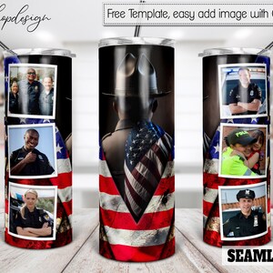 Copo de polícia, porta-retratos, copo magro de 20 onças, fundo da bandeira americana, gráficos de sublimação, download digital, design Png de embrulho