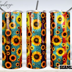 Sunflower Serape Striped Seamless 20oz Skinny Tapered & Straight Tumbler Sublimation, Waterslide Digital Design Full Tumbler Wrap Download