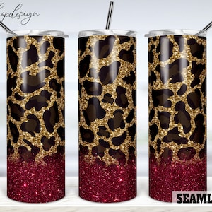 Gold Red Pink Color Glitter Leopard 20oz Skinny Tapered And Straight Tumbler Sublimation, Waterslide Digital Design Full Tumbler Wrap Png