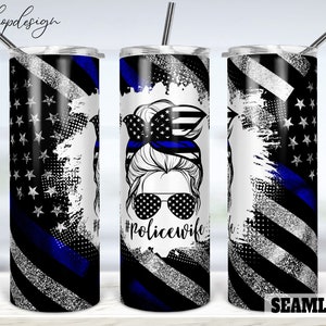 Police Wife Back The Blue Seamless 20oz Skinny Tapered & Straight Tumbler Sublimation, Waterslide Digital Design Full Tumbler Wrap Download