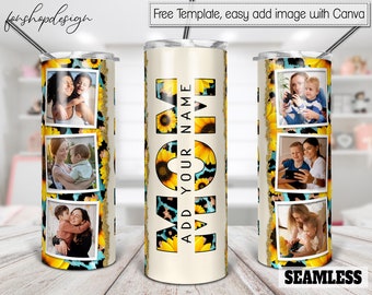 Mom Tumbler, Picture Photo Frame, 20 Oz Skinny Tumbler, Sunflower Gifts, Leopard Print, Sublimation Graphics, Digital Download, Wrap Design