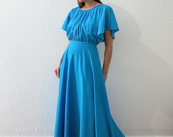 Vintage 1970s Blue Maxi Dress with Cape Sleeves and Braided Belt