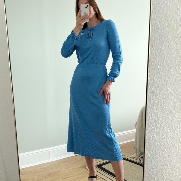 Vintage 1970s 1980s Blue Long Sleeve Maxi Dress