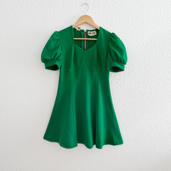 Vintage 1960s Mini Dress, Green Summer Dress, Puff Sleeves, Skater Dress