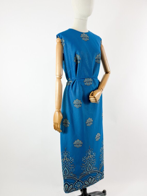 Vintage Lurex Blue Sleeveless A-line Maxi Dress f… - image 7