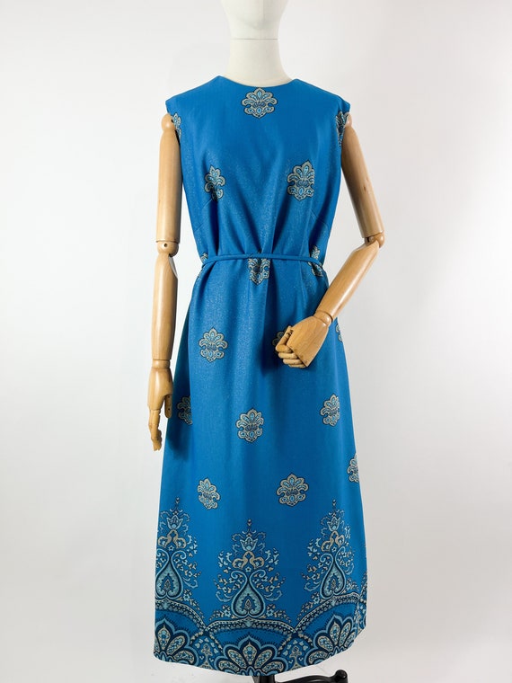 Vintage Lurex Blue Sleeveless A-line Maxi Dress f… - image 3