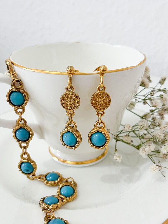 Vintage 1980s Real Gold Plated Turquoise Bracelet… - image 4