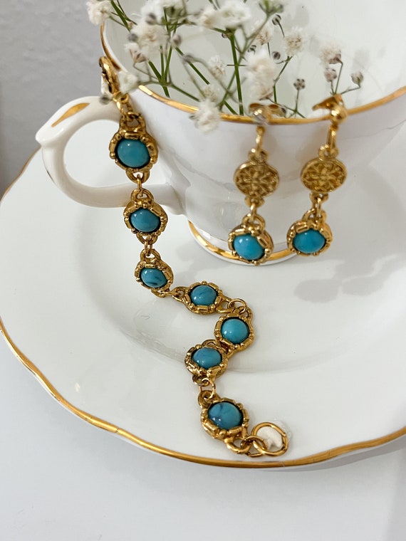 Vintage 1980s Real Gold Plated Turquoise Bracelet… - image 3