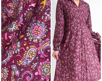 Vintage Velvet Long Sleeve Pink Purple Paisley Dress from 1970s