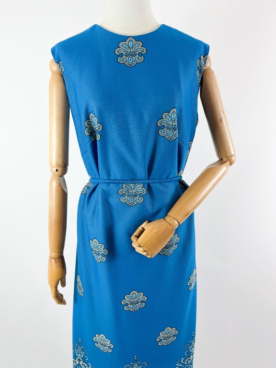 Vintage Lurex Blue Sleeveless A-line Maxi Dress f… - image 5