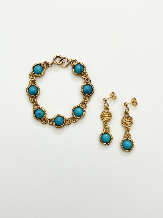 Vintage 1980s Real Gold Plated Turquoise Bracelet… - image 2