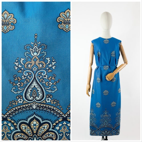 Vintage Lurex Blue Sleeveless A-line Maxi Dress f… - image 1